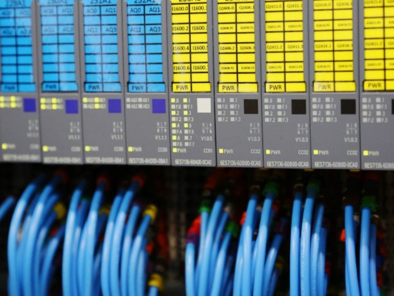 Close up of a PLC rack.